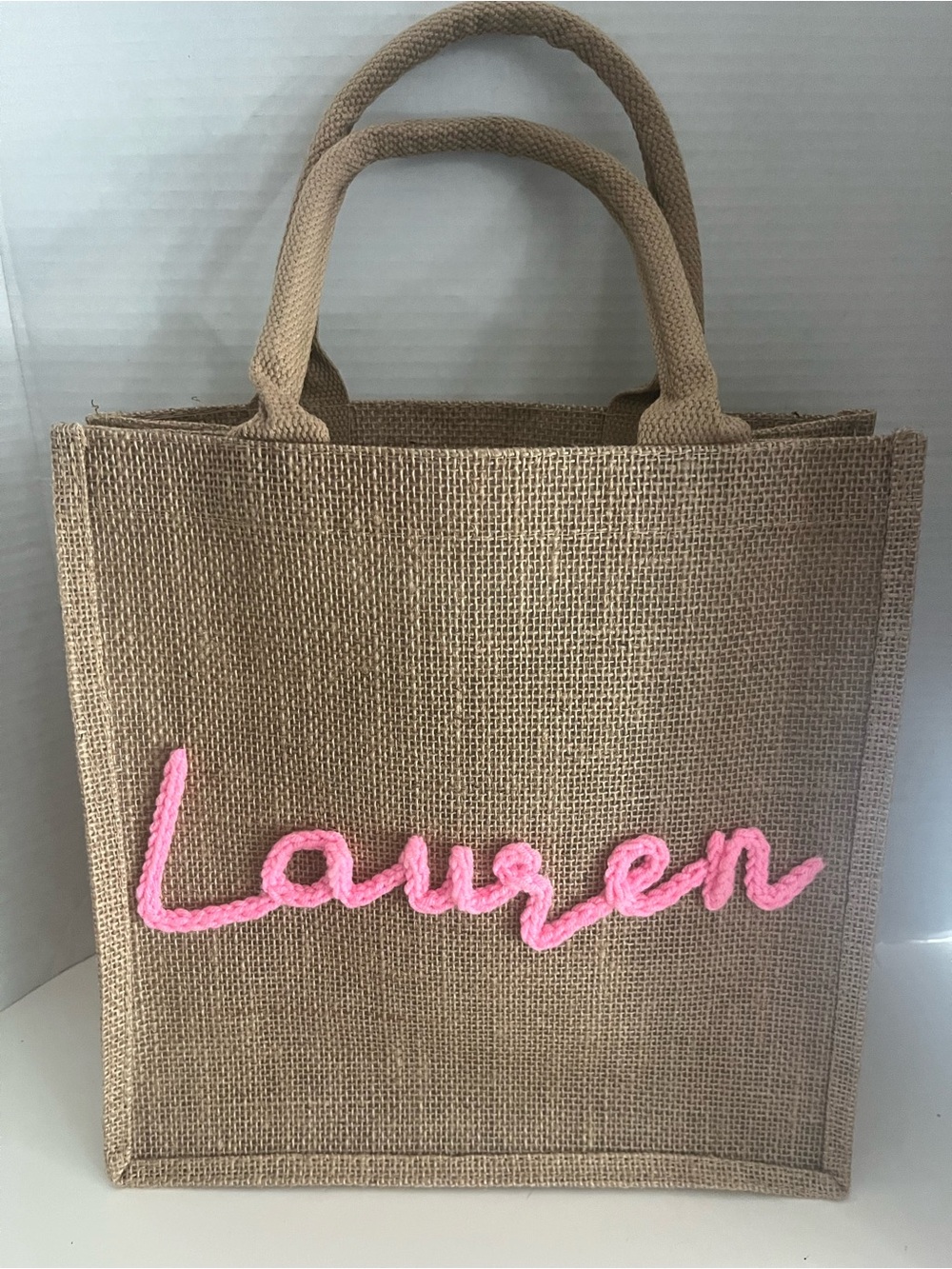 NEW PERSONALIZED JUTE TOTE BAG- "LAUREN"- 12" X 12"